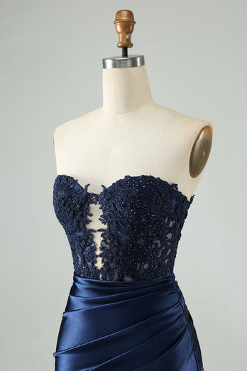 Sparkly Navy Bodycon Strapless Hollow Out Graduation Dress with Lace