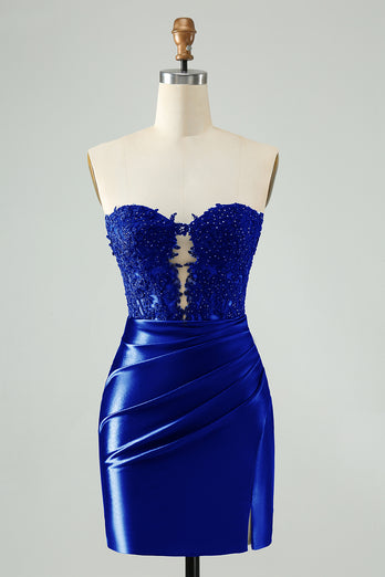 Sparkly Navy Bodycon Strapless Hollow Out Graduation Dress with Lace