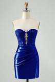 Sparkly Royal Blue Bodycon Strapless Hollow Out Graduation Dress with Slit