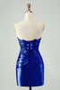 Load image into Gallery viewer, Sparkly Navy Bodycon Strapless Hollow Out Graduation Dress with Lace