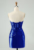 Load image into Gallery viewer, Sparkly Royal Blue Bodycon Strapless Hollow Out Graduation Dress with Slit