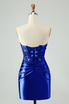 Sparkly Royal Blue Bodycon Strapless Hollow Out Graduation Dress with Slit