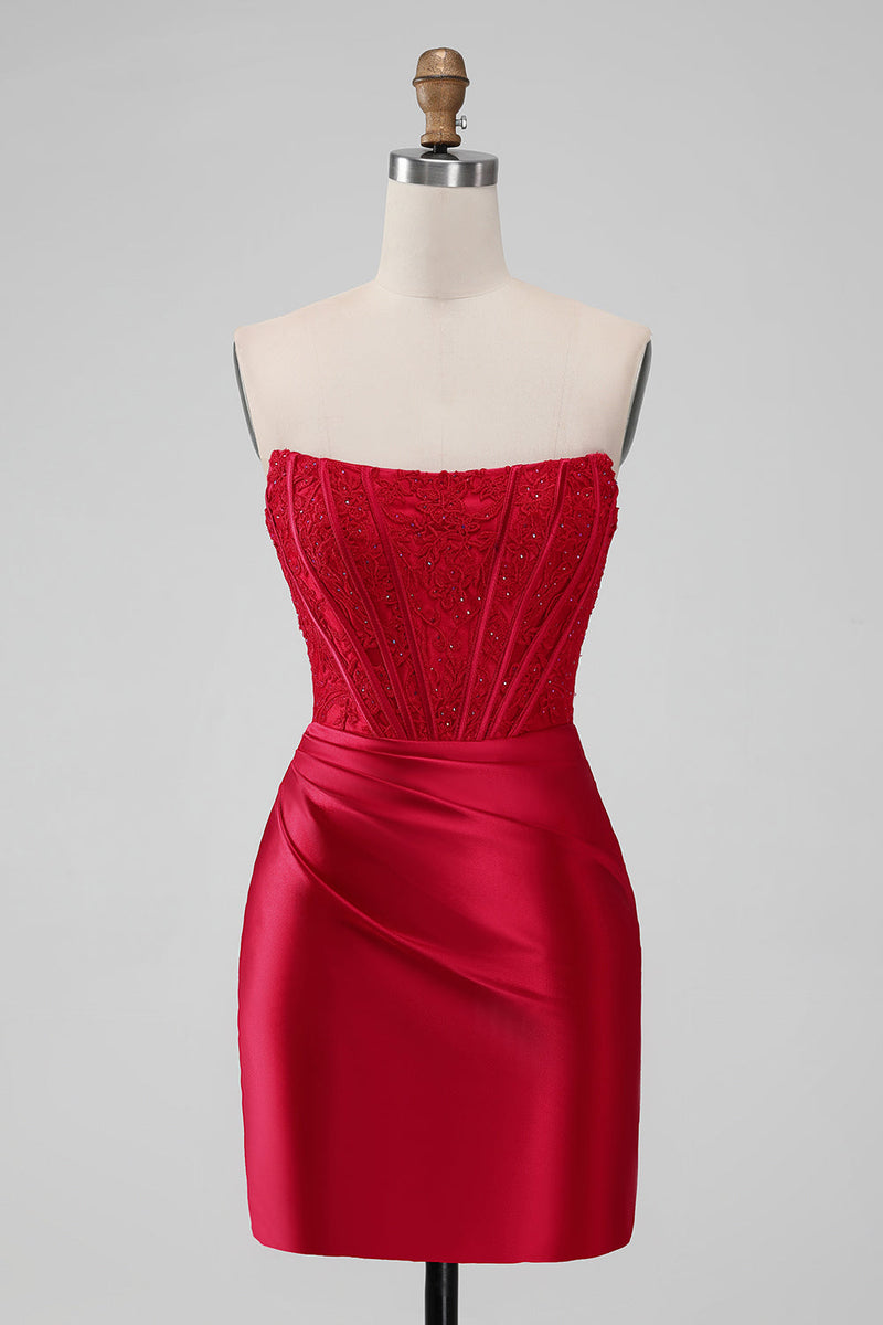 Load image into Gallery viewer, Sparky Red Strapless Corset Satin Short Bodycon Graduation Dress with Beading