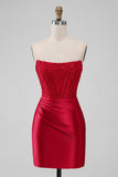 Sparky Red Strapless Corset Satin Short Bodycon Graduation Dress with Beading
