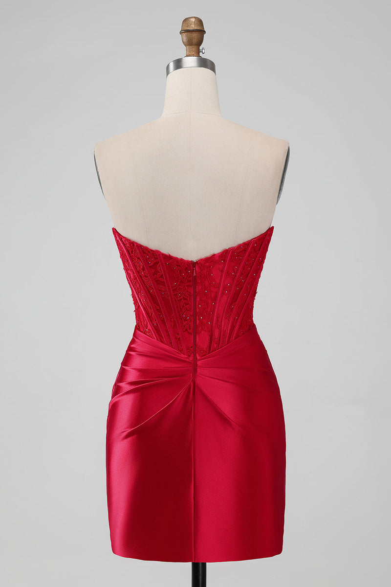 Load image into Gallery viewer, Sparky Red Strapless Corset Satin Short Bodycon Graduation Dress with Beading