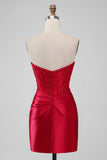 Sparky Red Strapless Corset Satin Short Bodycon Graduation Dress with Beading