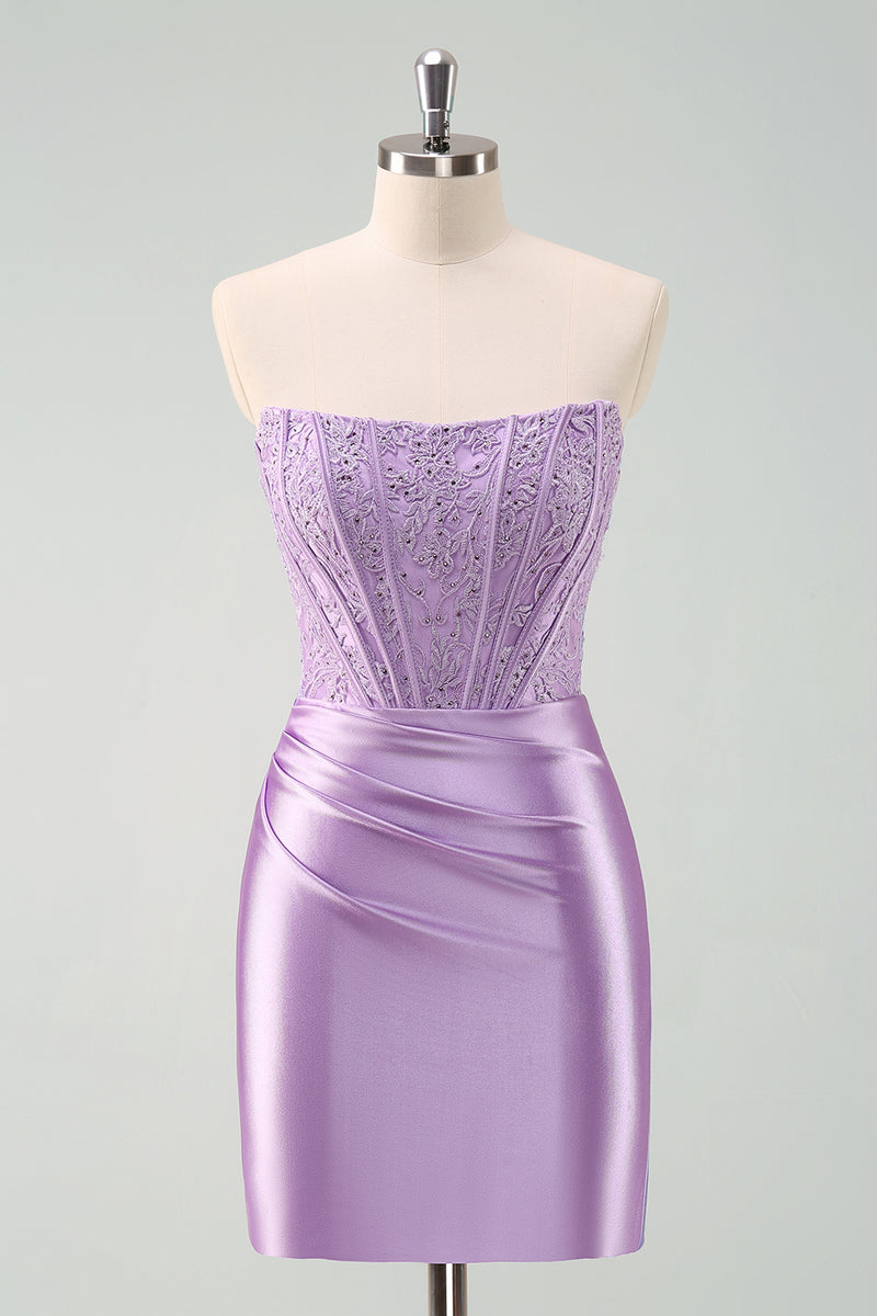 Load image into Gallery viewer, Sparky Purple Strapless Bodycon Short Graduation Dress with Lace