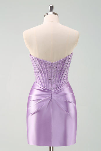 Sparky Purple Strapless Bodycon Short Graduation Dress with Lace