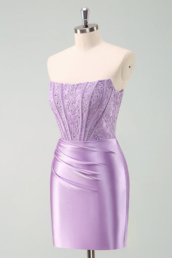 Sparky Purple Strapless Bodycon Short Graduation Dress with Lace