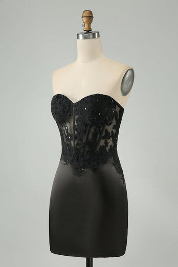 Sparkly Black Bodycon Sweetheart Corset Graduation Dress with Appliques