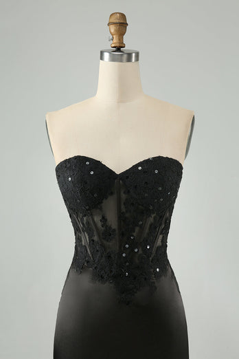 Sparkly Black Bodycon Sweetheart Corset Graduation Dress with Appliques