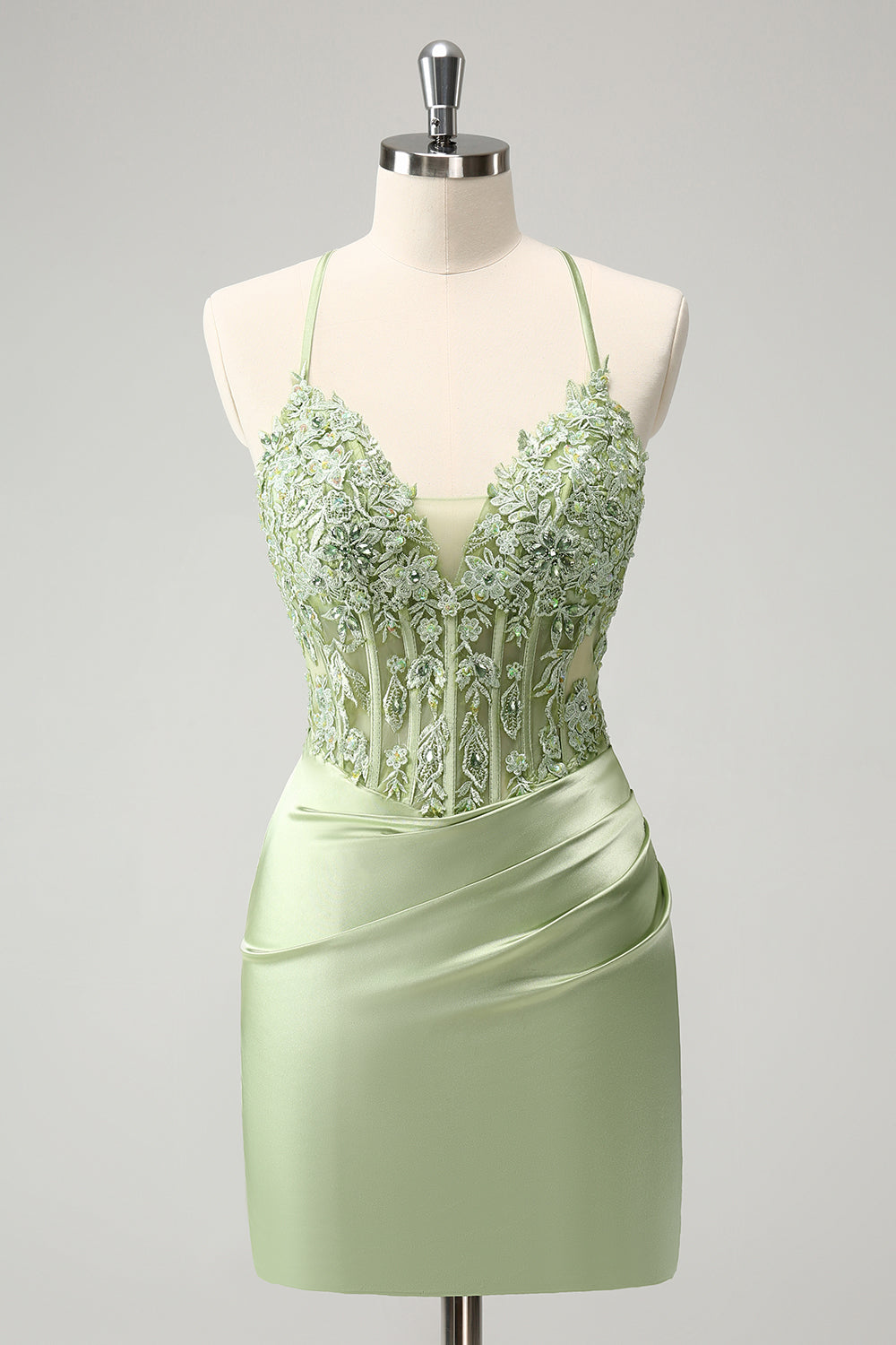 Glitter Green Spaghetti Straps Beaded Appliques Tight Corset Graduation Dress