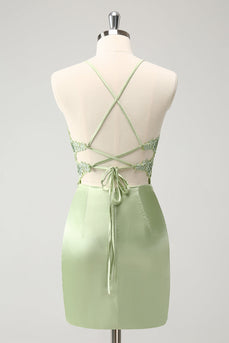 Glitter Green Spaghetti Straps Beaded Appliques Tight Corset Graduation Dress