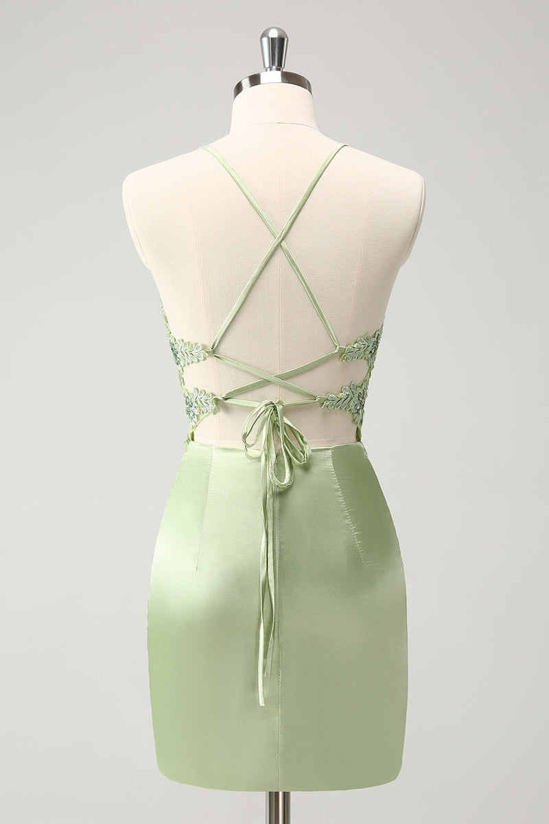 Load image into Gallery viewer, Glitter Green Spaghetti Straps Beaded Appliques Tight Corset Graduation Dress