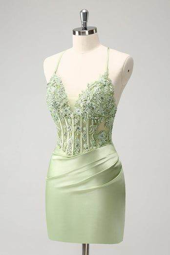 Glitter Green Spaghetti Straps Beaded Appliques Tight Corset Graduation Dress