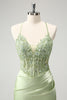 Load image into Gallery viewer, Glitter Green Spaghetti Straps Beaded Appliques Tight Corset Graduation Dress