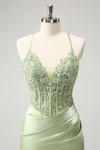 Glitter Green Spaghetti Straps Beaded Appliques Tight Corset Graduation Dress