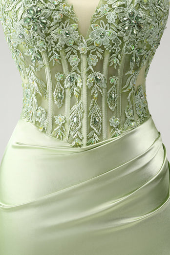 Glitter Green Spaghetti Straps Beaded Appliques Tight Corset Graduation Dress