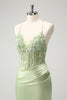 Load image into Gallery viewer, Glitter Green Spaghetti Straps Beaded Appliques Tight Corset Graduation Dress