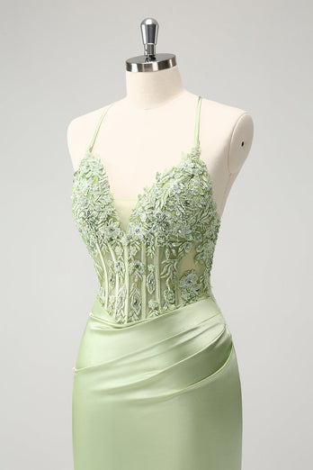 Glitter Green Spaghetti Straps Beaded Appliques Tight Corset Graduation Dress