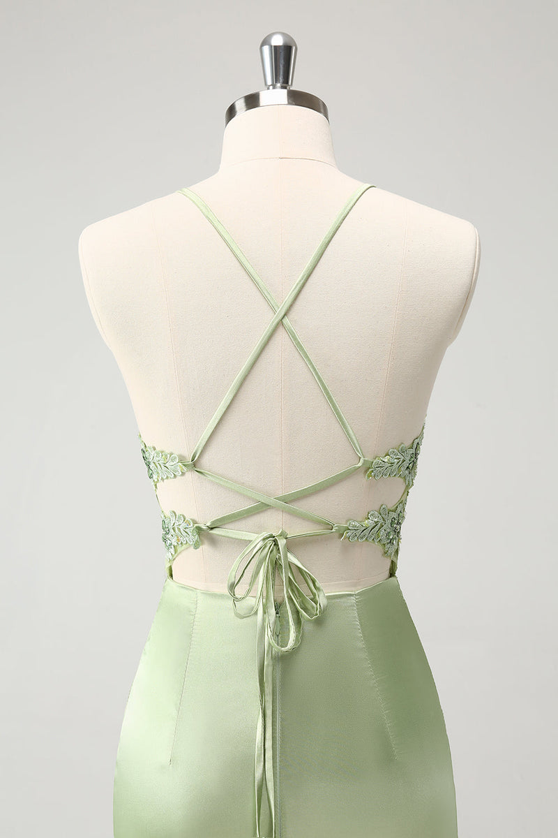 Load image into Gallery viewer, Glitter Green Spaghetti Straps Beaded Appliques Tight Corset Graduation Dress