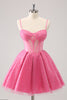 Load image into Gallery viewer, Pink A-Line Spaghetti Straps Corset Graduation Dress with Sequins