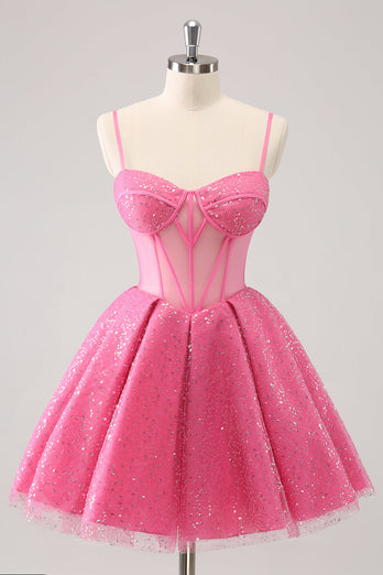 Pink A-Line Spaghetti Straps Corset Graduation Dress with Sequins