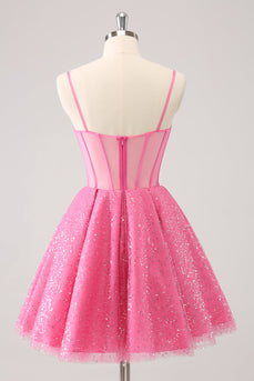 Pink A-Line Spaghetti Straps Corset Graduation Dress with Sequins