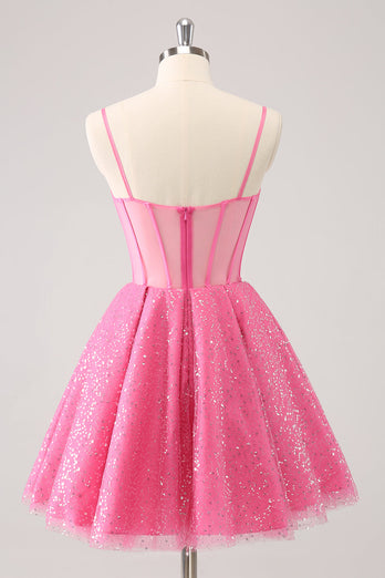 Pink A-Line Spaghetti Straps Corset Graduation Dress with Sequins