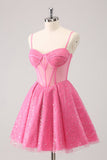 Pink A-Line Spaghetti Straps Corset Graduation Dress with Sequins