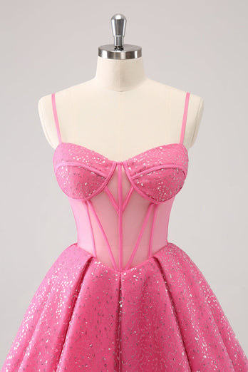 Pink A-Line Spaghetti Straps Corset Graduation Dress with Sequins