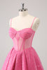 Load image into Gallery viewer, Pink A-Line Spaghetti Straps Corset Graduation Dress with Sequins