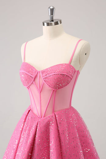 Pink A-Line Spaghetti Straps Corset Graduation Dress with Sequins