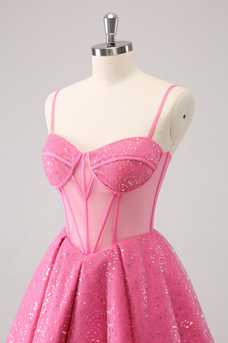 Load image into Gallery viewer, Pink A-Line Spaghetti Straps Corset Graduation Dress with Sequins