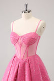 Pink A-Line Spaghetti Straps Corset Graduation Dress with Sequins