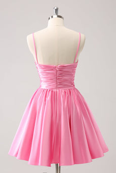 Pink A-Line Spaghetti Straps Pleated Graduation Dress with Keyhole