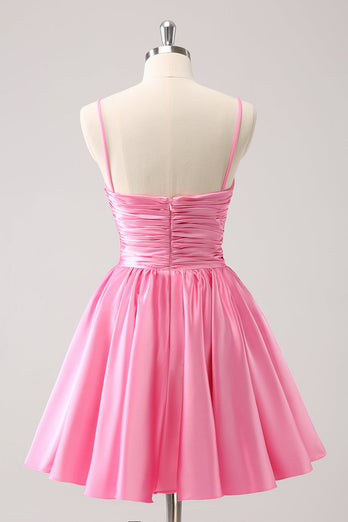 Pink A-Line Spaghetti Straps Pleated Graduation Dress with Keyhole