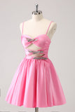 Pink A-Line Spaghetti Straps Pleated Graduation Dress with Keyhole