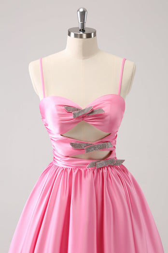 Pink A-Line Spaghetti Straps Pleated Graduation Dress with Keyhole