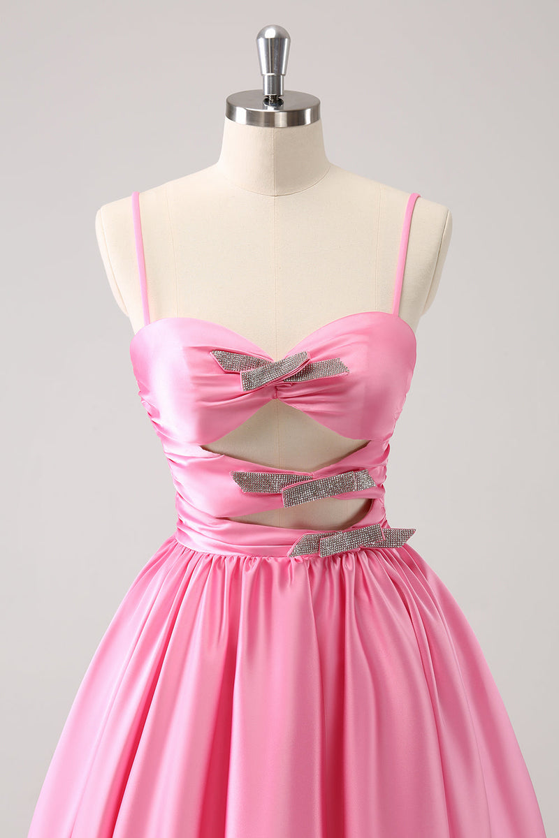 Load image into Gallery viewer, Pink A-Line Spaghetti Straps Pleated Graduation Dress with Keyhole