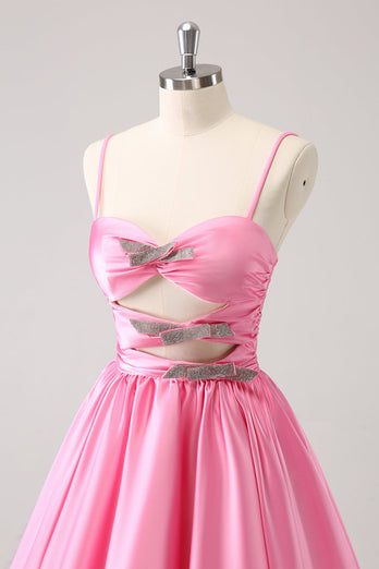 Pink A-Line Spaghetti Straps Pleated Graduation Dress with Keyhole