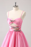 Pink A-Line Spaghetti Straps Pleated Graduation Dress with Keyhole