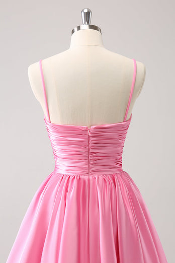 Pink A-Line Spaghetti Straps Pleated Graduation Dress with Keyhole