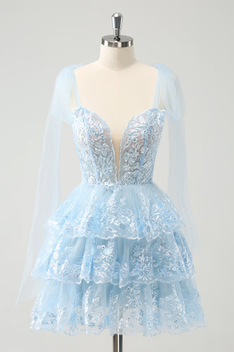 Glitter Blue A Line Embroidery Tiered Graduation Dress with Appliques