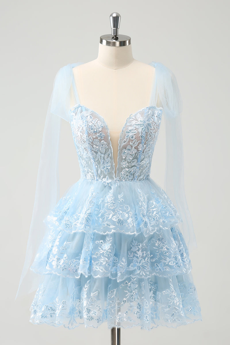 Load image into Gallery viewer, Glitter Blue A Line Embroidery Tiered Graduation Dress with Appliques