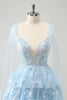 Load image into Gallery viewer, Glitter Blue A Line Embroidery Tiered Graduation Dress with Appliques