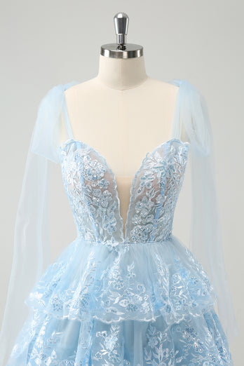 Glitter Blue A Line Embroidery Tiered Graduation Dress with Appliques