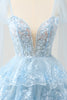 Load image into Gallery viewer, Glitter Blue A Line Embroidery Tiered Graduation Dress with Appliques