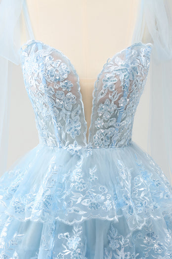 Glitter Blue A Line Embroidery Tiered Graduation Dress with Appliques