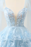 Glitter Blue A Line Embroidery Tiered Graduation Dress with Appliques